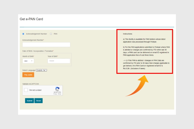 Highlight Instructions to apply E-Pan card