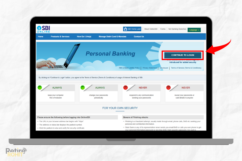 Marked Continue to Login Button on SBI Personal Banking Page