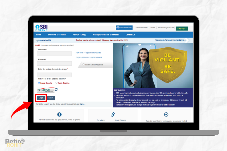 Marked Login Button on SBI Personal Banking Page