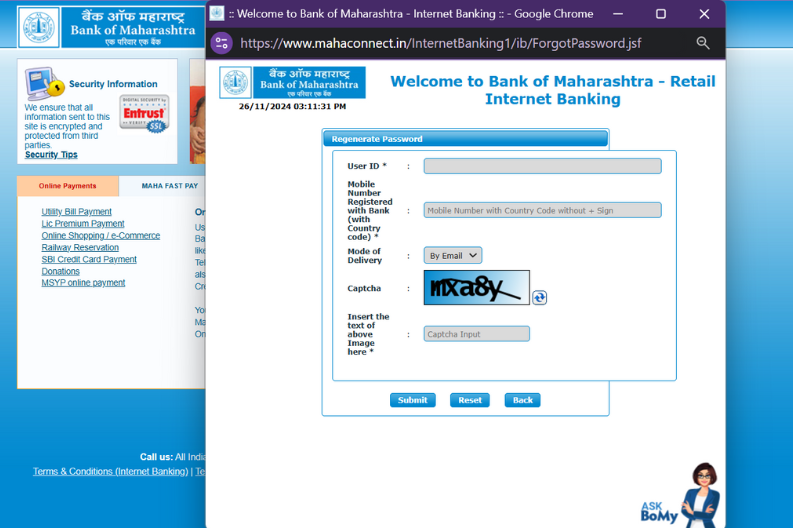 Bank of Maharashtra Net Banking password Reset