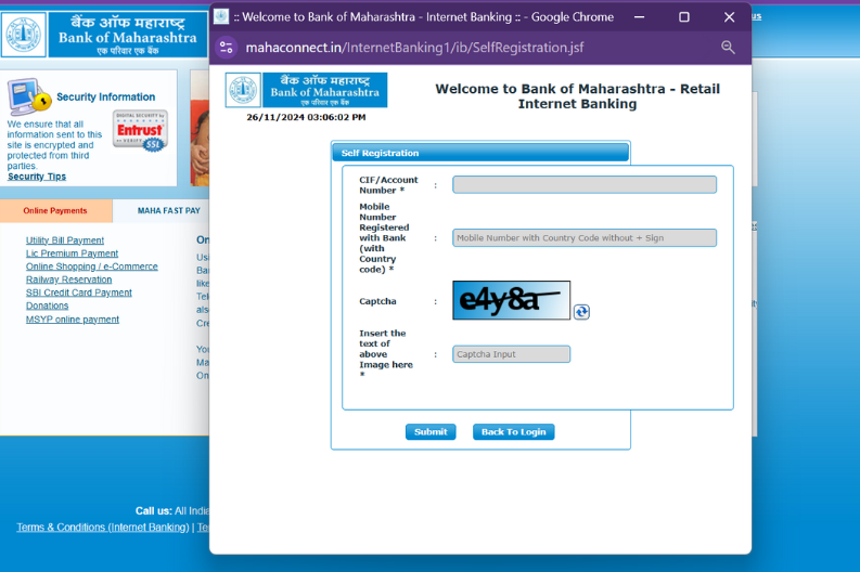 Bank of Maharashtra Net Banking registration