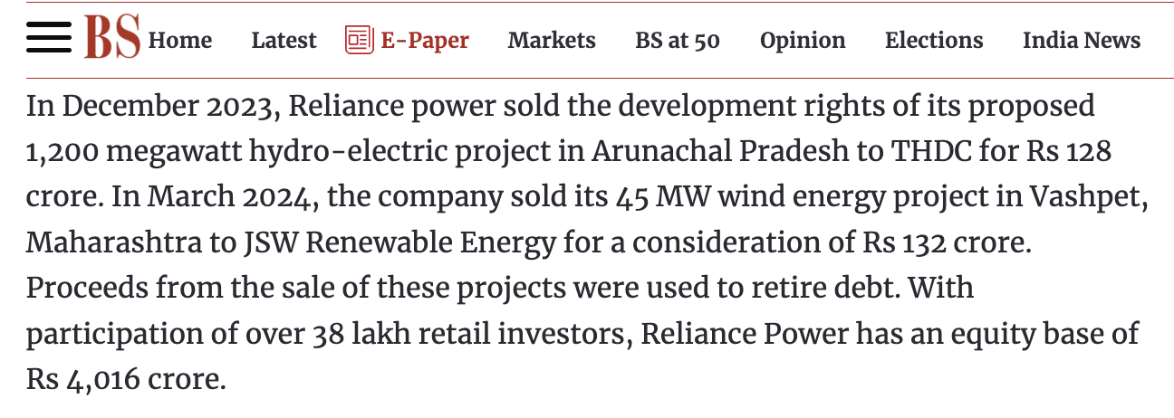 According to news Reliance Power sold another big project, a 1200 MW hydroelectric plant, to a different company called THDC