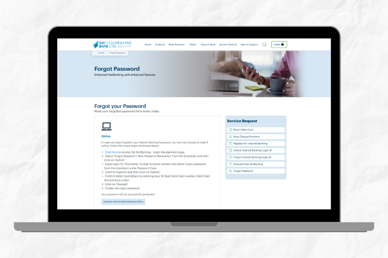 SVC Bank Net Banking Password Reset page