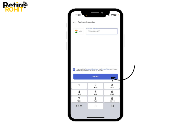 Then, enter the 10-digit mobile number, and tap on the get OTP.