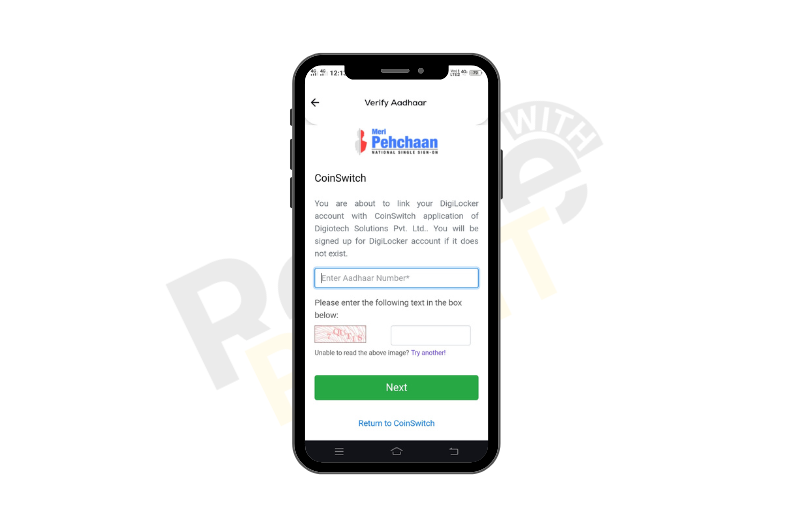 Coinswitch app aadhar verification page