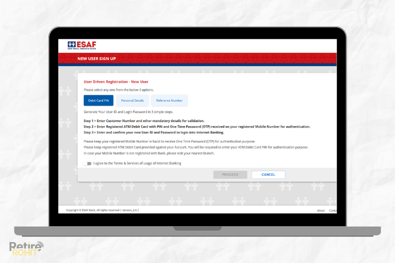 ESAF Bank net banking Registration page