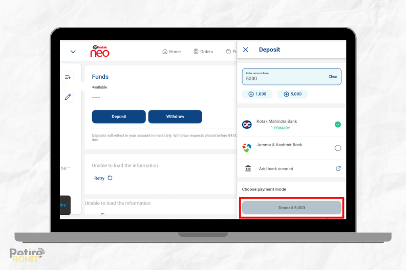 Last step to Add Funds in Kotak Securities click in deposit button 