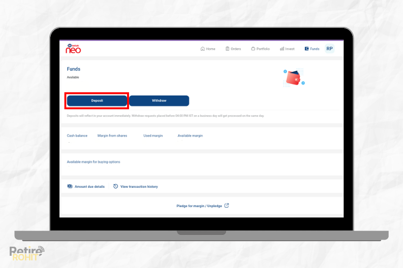 Fund deposit page in kotak neo