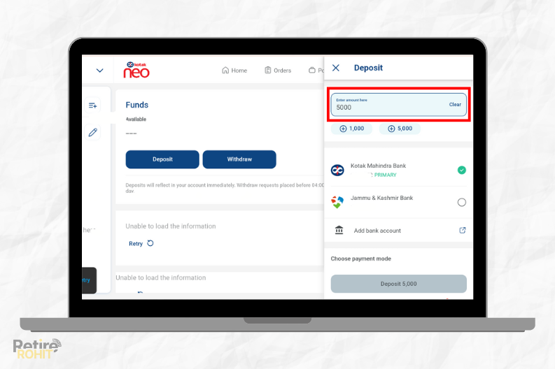 Add amount deposit in Kotak Securities 