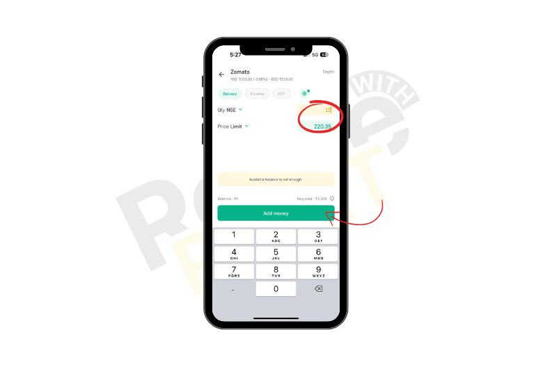 Choose QTY and if you want to set the price limit then you set your limit, and then tap on the Add money button and add the money.