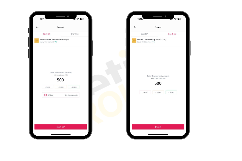 If you choose Start SIP, then set the amount and date for SIP, and then tap on Start SIP. If you choose the One-time option, then set the amount and then tap on the one-time.