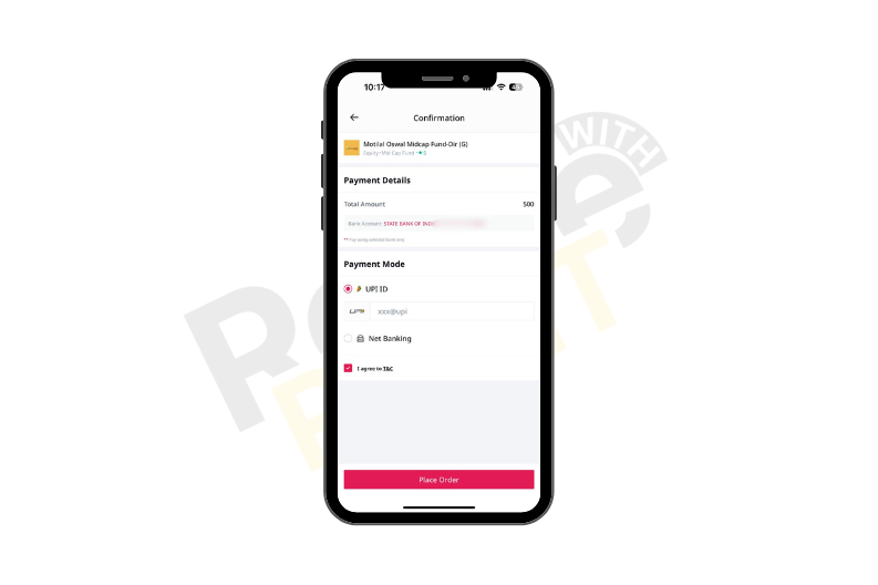 Set your Bank details, then tap on the place order, and then your order will be placed