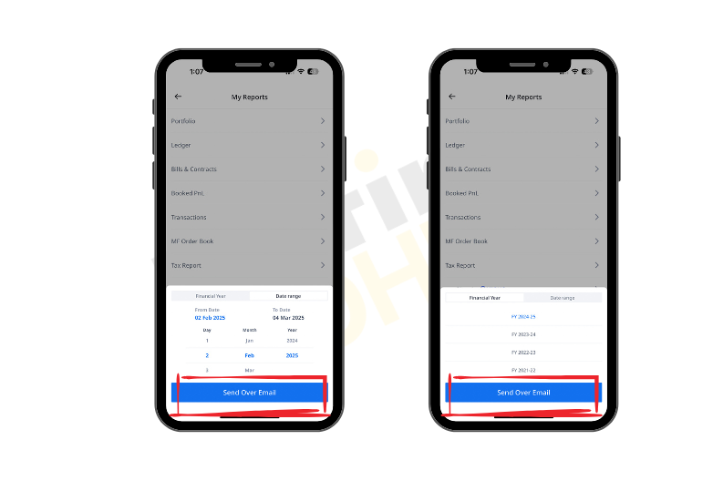 Now set your financial year or date range, then tap on the send over email button.