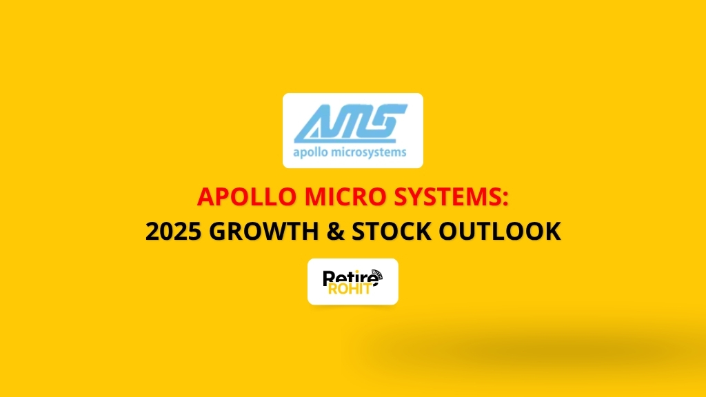 Yellow graphic with Apollo Micro System's brand logo and phrase- Apollo Micro Systems: 2025 Growth & Stock Outlook and the Retire with Rohit logo.