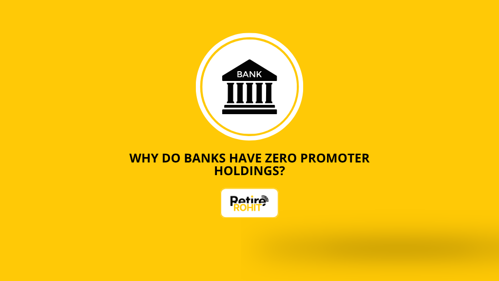 Yellow graphic with a bank icon and the phrase "Why Do Banks Have Zero Promoter Holdings?" and the "Retire with Rohit" logo.