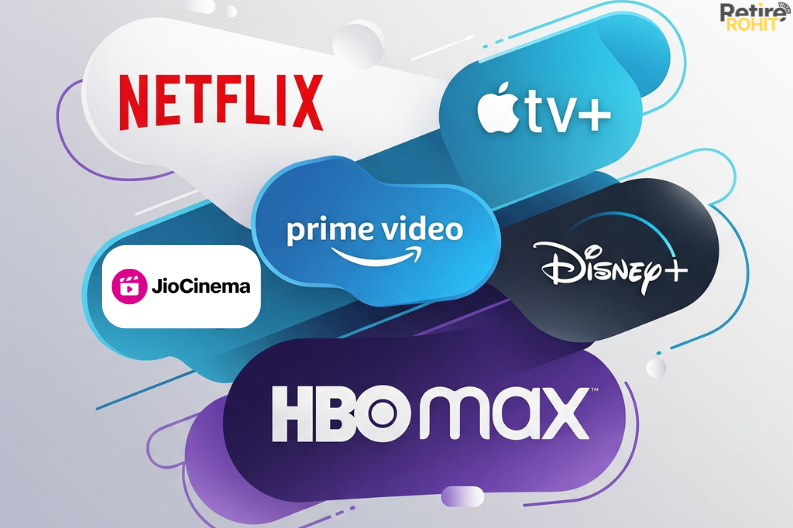 Infographic showing logos of different OTT platforms including, Netflix, Amazon Prime Video, Apple TV+, Jio Cinema, Disney+, HBO Max.