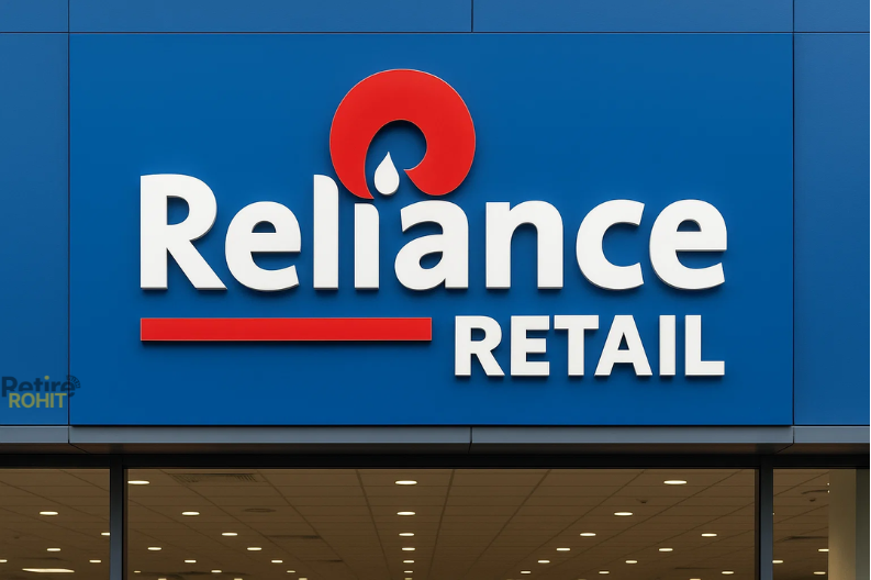 Image of a shopping complex board of 'Reliance Retail' with 'Retire with Rohit' watermark.