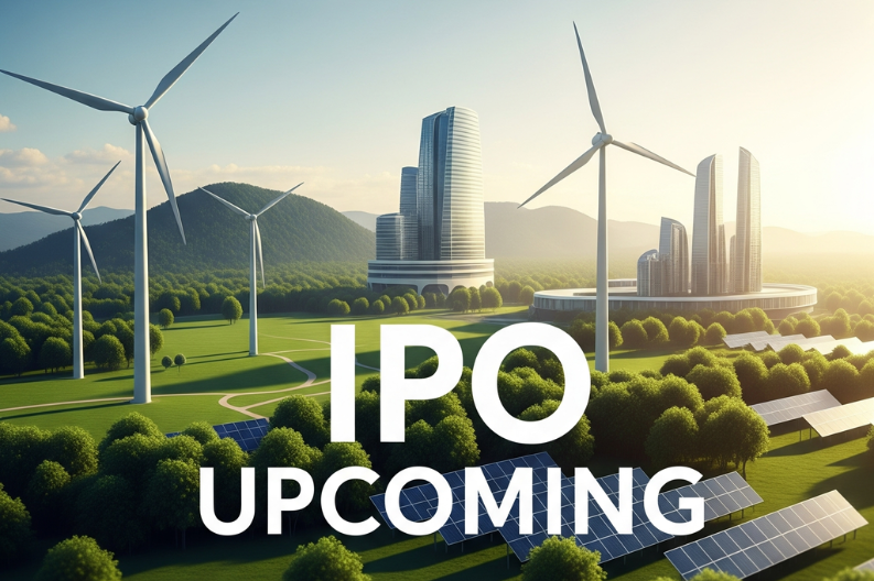 Futuristic green energy city with wind turbines, solar panels, and modern skyscrapers, featuring bold text 'IPO Upcoming' to represent an upcoming IPO in the renewable energy sector.