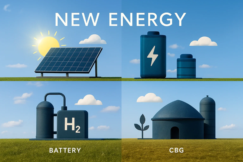 Illustration of new energy sources including solar panels, batteries, hydrogen (H2), and compressed biogas (CBG).