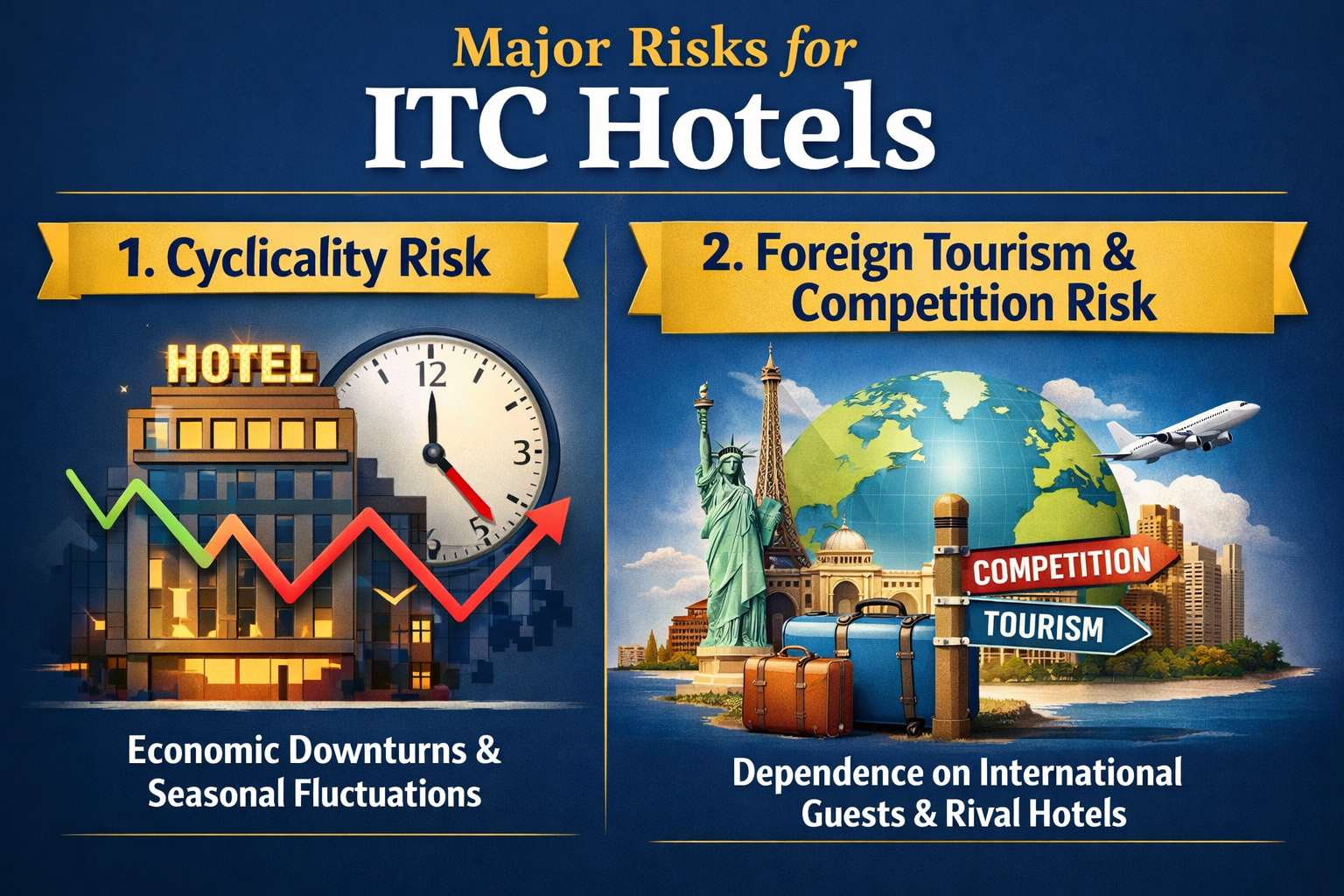 Infographic showing major risks for ITC Hotels: cyclicality risk and foreign tourism & competition risk.