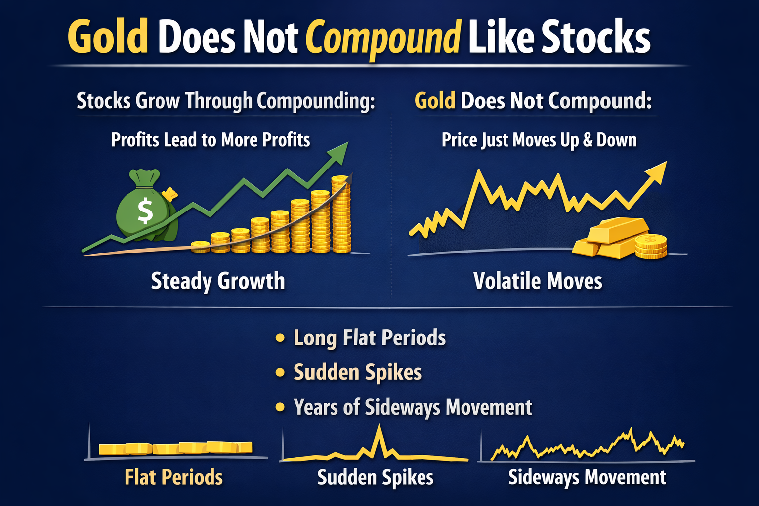 Gold vs stocks comparison showing stocks compounding over time while gold moves sideways with volatility
