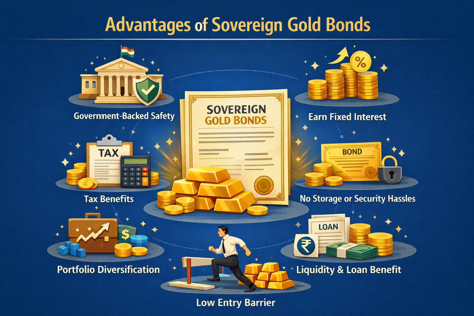 Infographic showing advantages of Sovereign Gold Bonds in India.